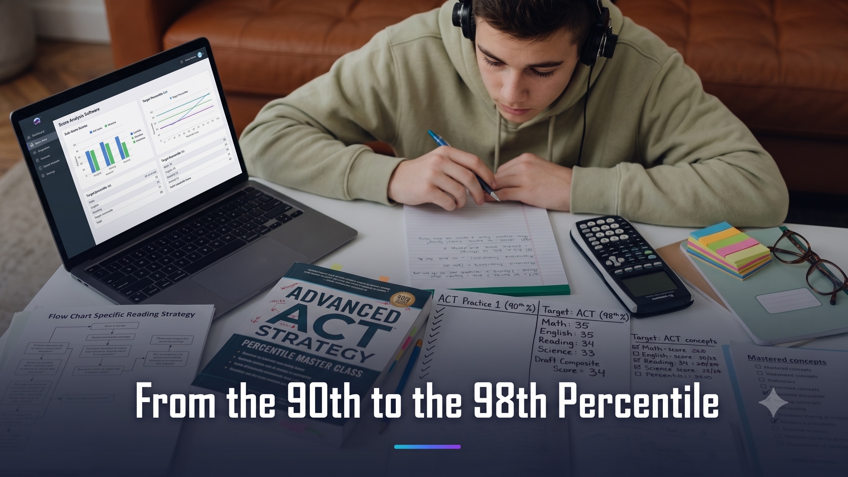 A high-scoring student reviewing an advanced strategy plan and score-analytics dashboard targeting the 98th percentile