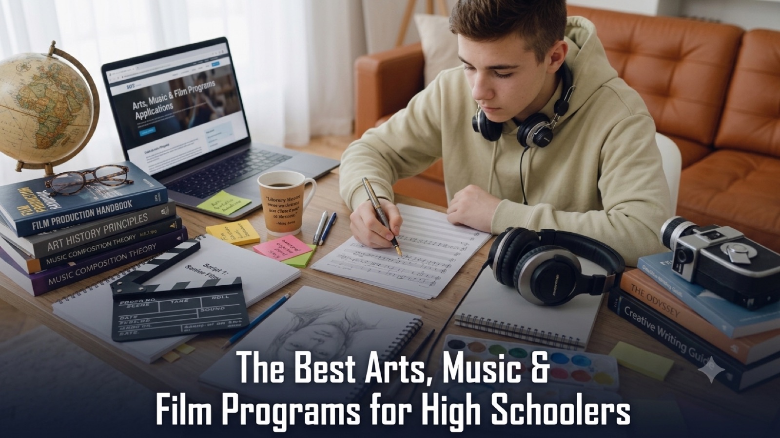 A high schooler composing music surrounded by film, art, and writing materials