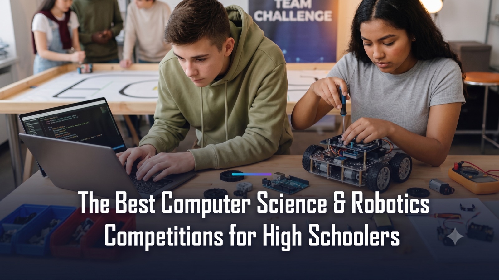 A high schooler programming a robot for a robotics competition