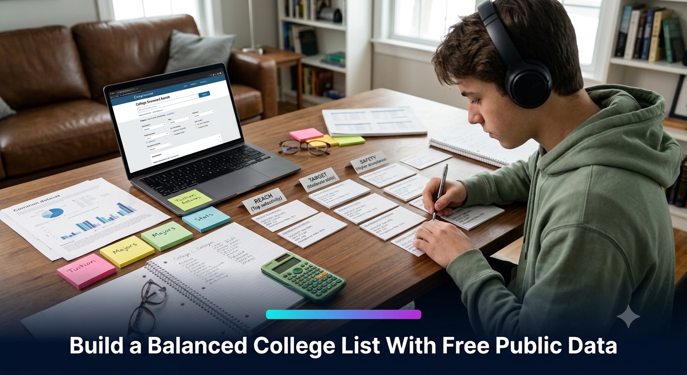 Build a Balanced College List With Free Public Data — a student sorting Reach, Target, and Safety index cards beside a laptop showing College Scorecard search results and printed Common Data Set charts.