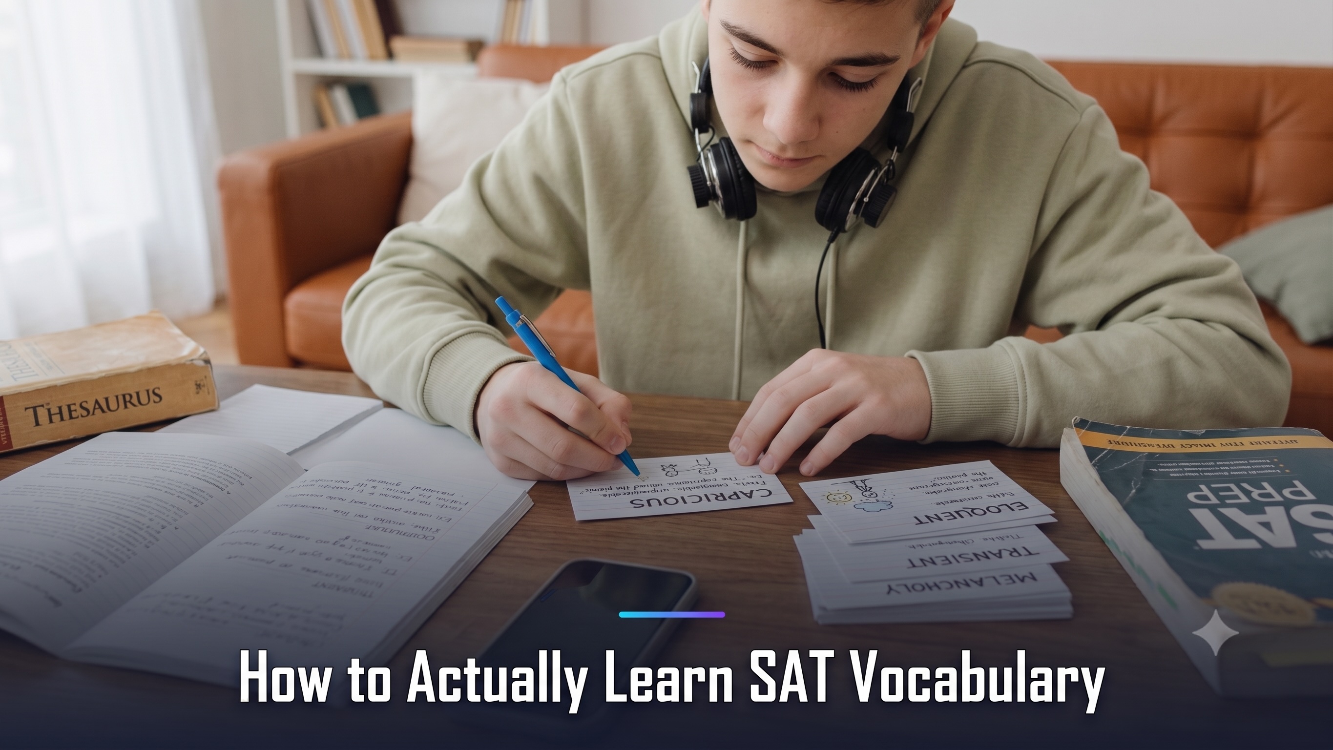 A student making SAT vocabulary flashcards next to a thesaurus and prep book