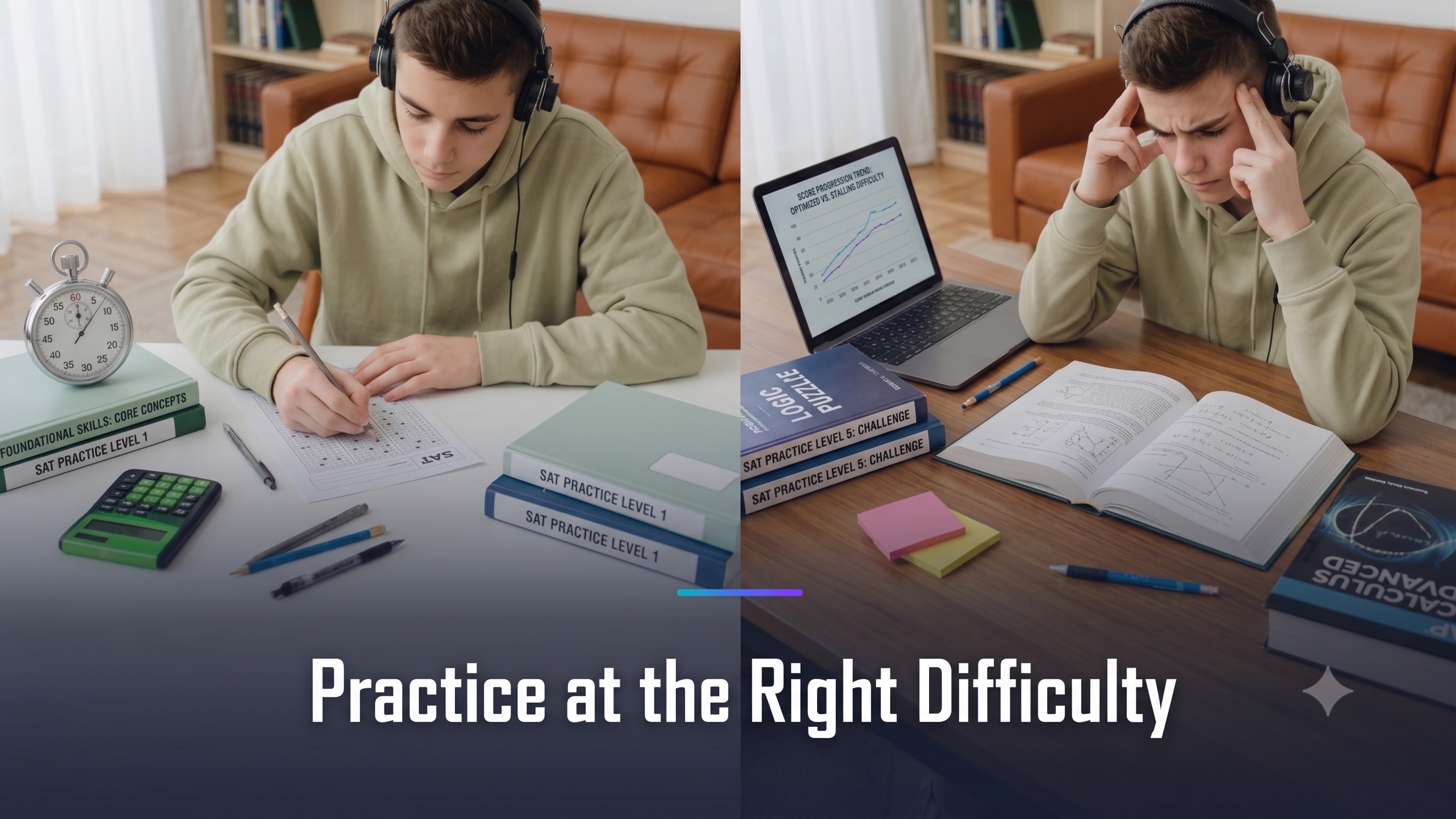 A student working foundational SAT practice beside one tackling advanced challenge material, with a score-progression chart