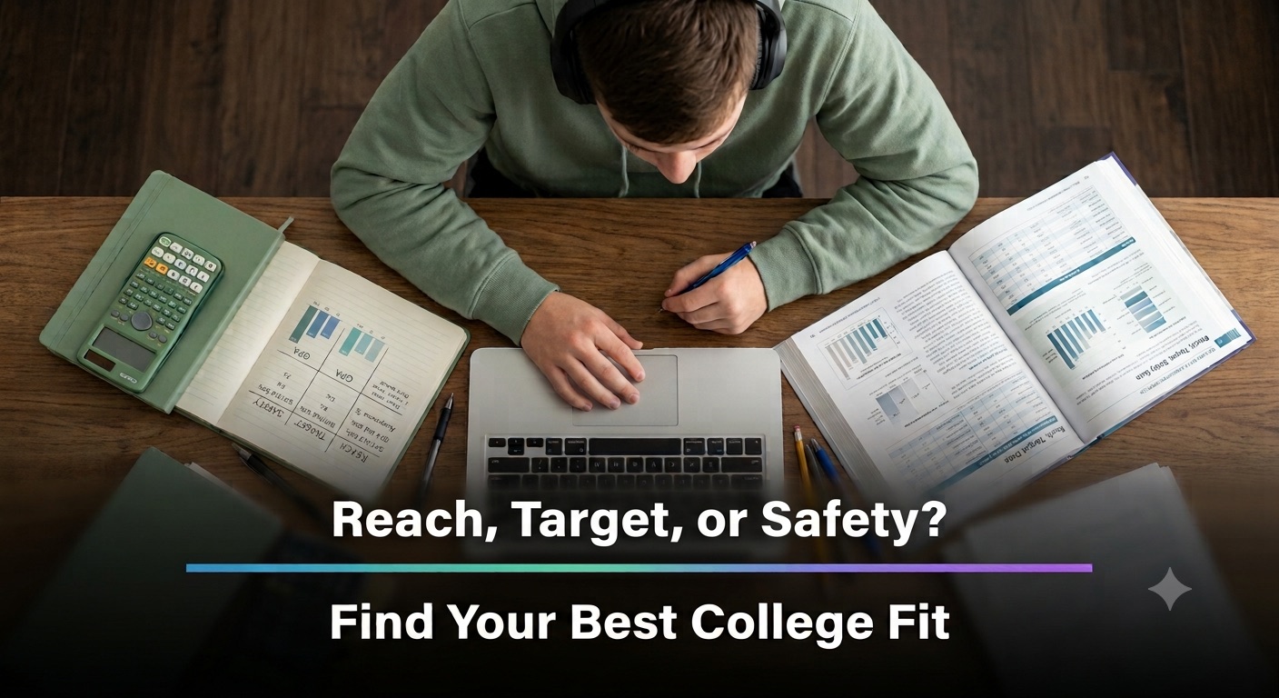 Reach, Target, or Safety? Find Your Best College Fit — overhead view of a student comparing colleges by GPA and admit data in a notebook beside a laptop and open data reference books.