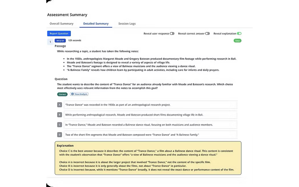 A reviewed Digital SAT question in the IvyStrides portal, showing the passage, the answer choices with the correct one marked, and a full explanation of why each option is right or wrong.