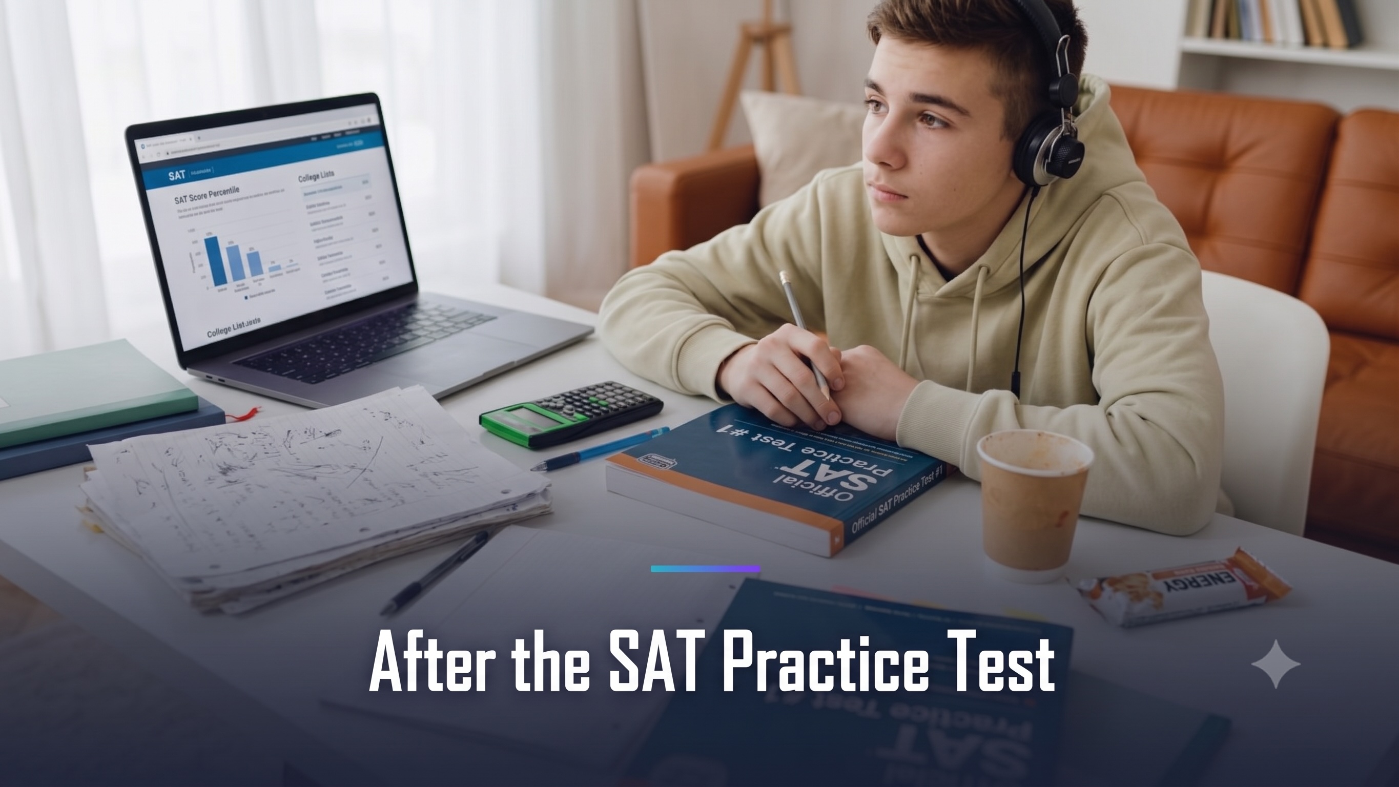 A student reviewing an SAT practice test — a laptop showing an SAT score-percentile dashboard, an official SAT practice test book, a calculator, and handwritten notes