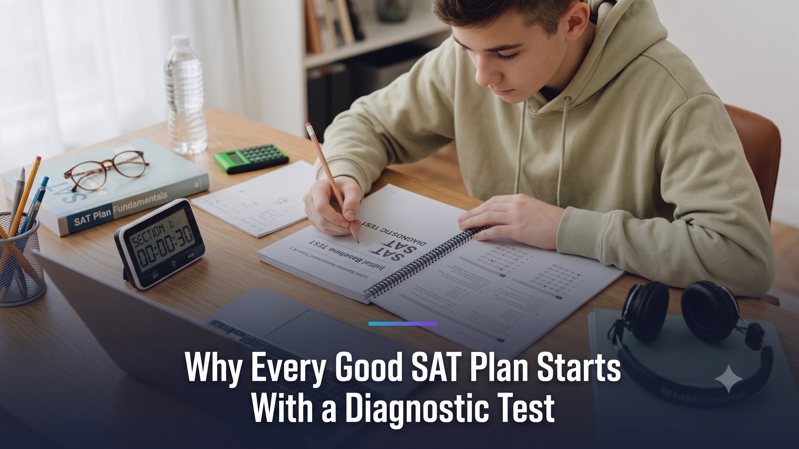 A student taking a full-length SAT diagnostic baseline test with a section timer running