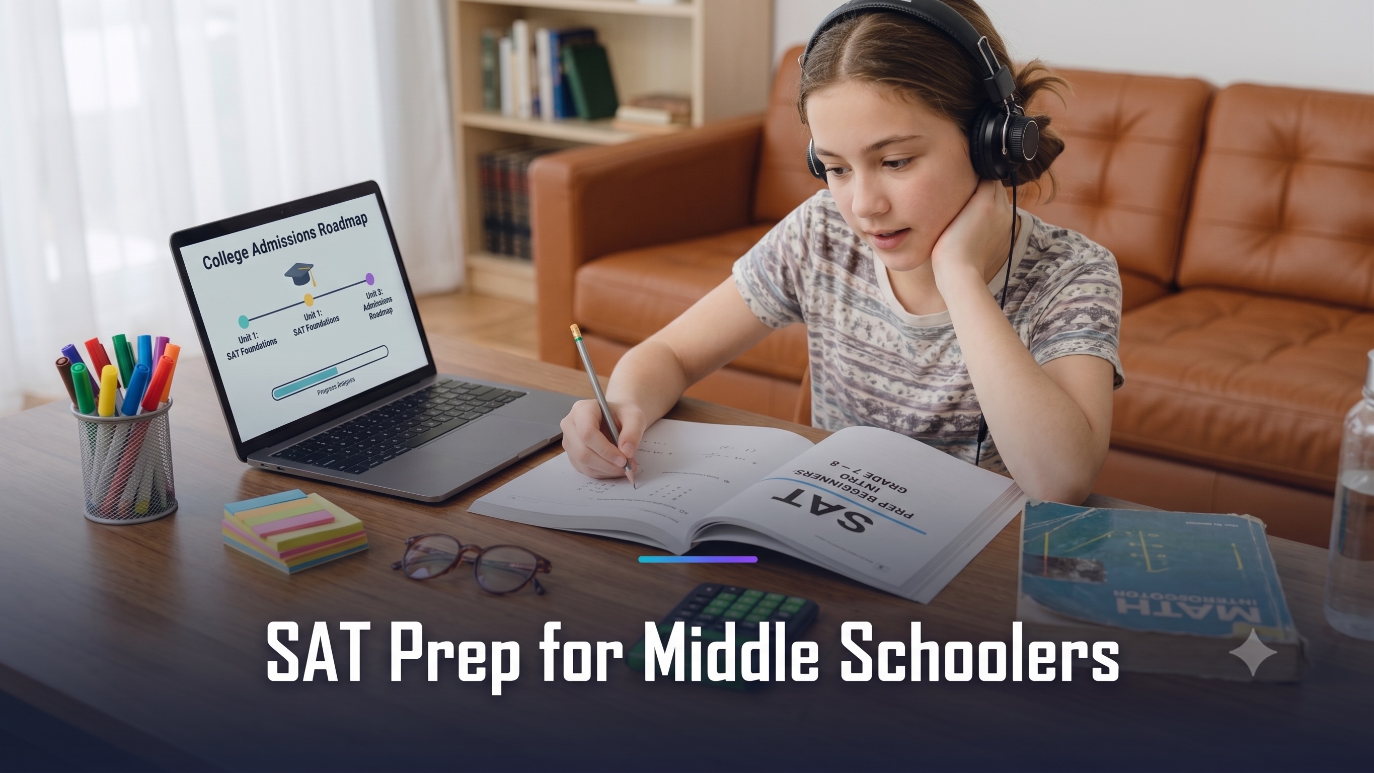 A middle-school student doing early SAT-foundations prep on a laptop showing a college-admissions roadmap