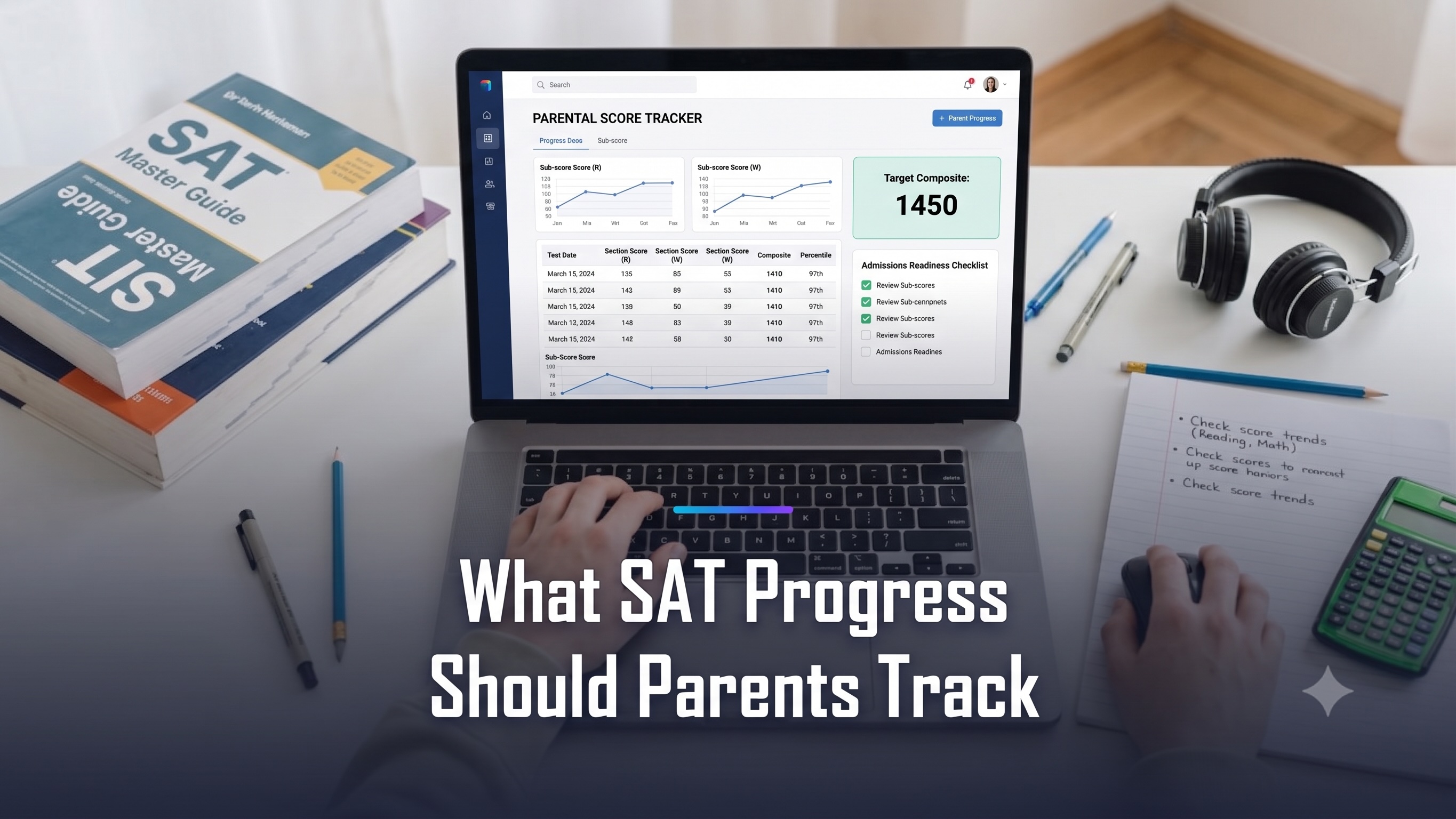 A parent viewing an SAT progress dashboard with score trends and an admissions-readiness checklist