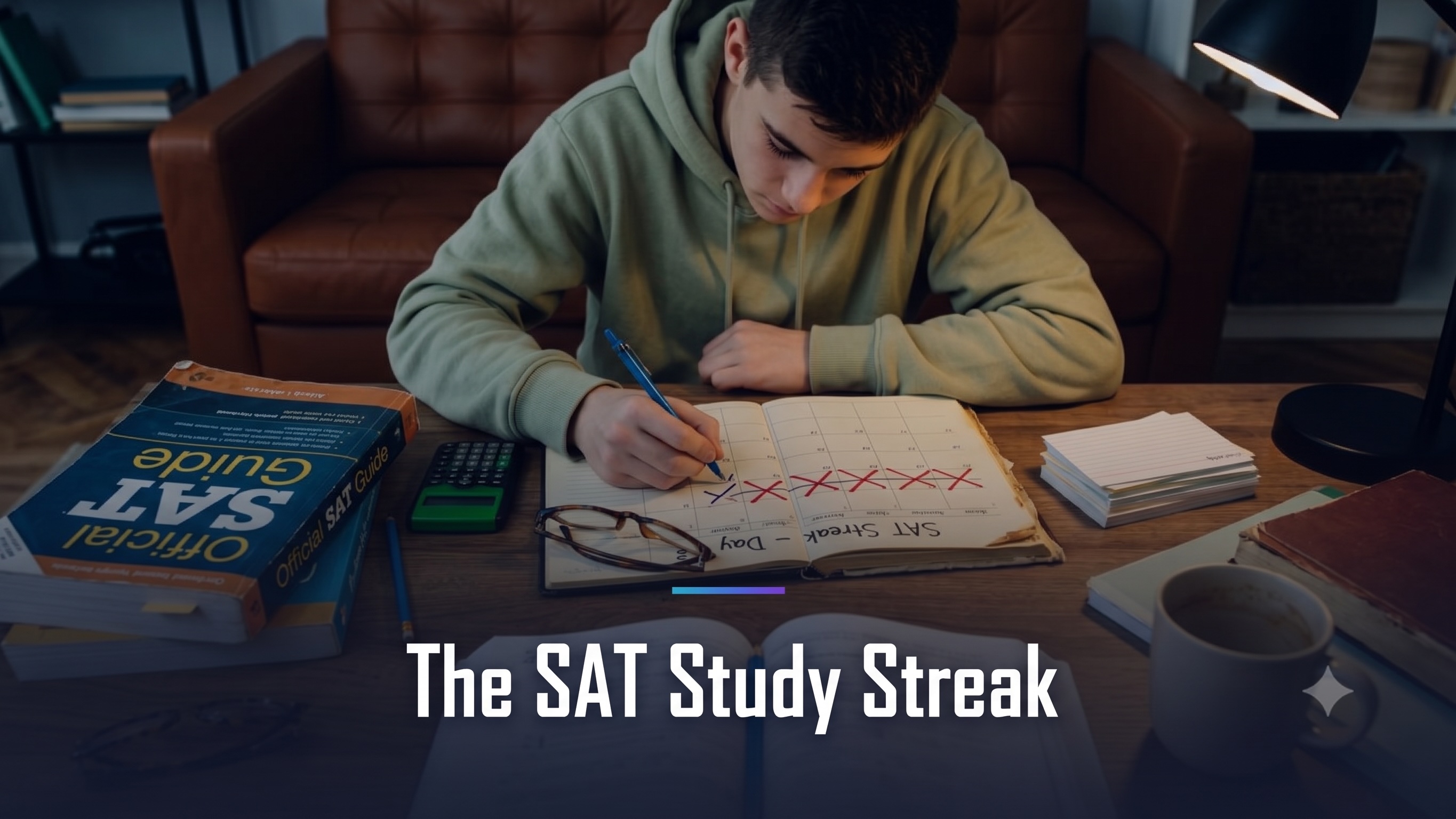 A student marking off a daily study streak on a calendar beside the Official SAT Guide