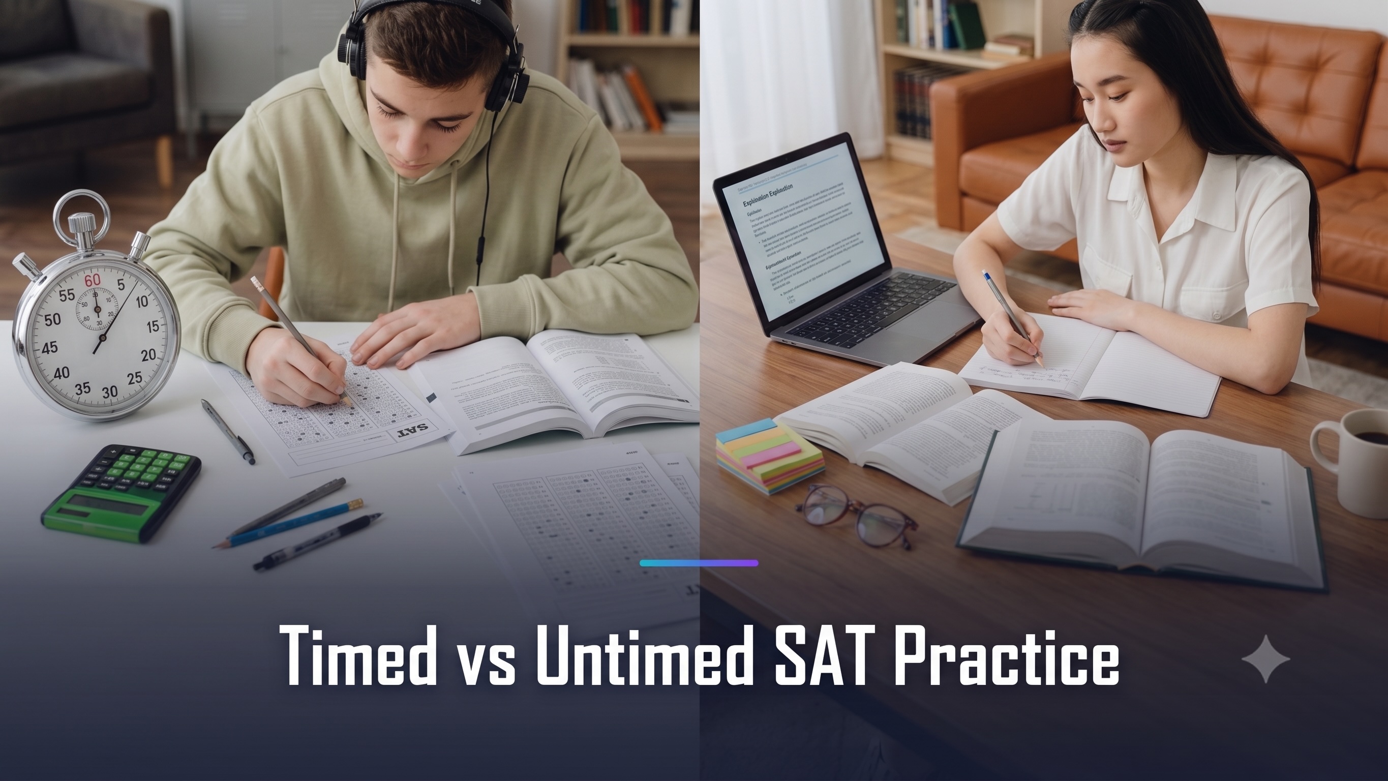 Split image — a student taking a timed SAT practice test with a stopwatch beside a student reviewing untimed with answer explanations