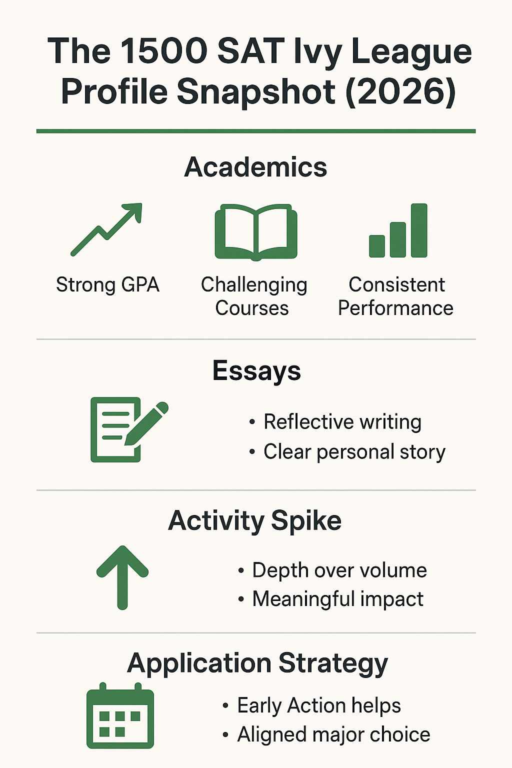 Visual says GPA strength, course rigor, essays, & application strategy needed alongside a 1500 SAT for Ivy League 2026.