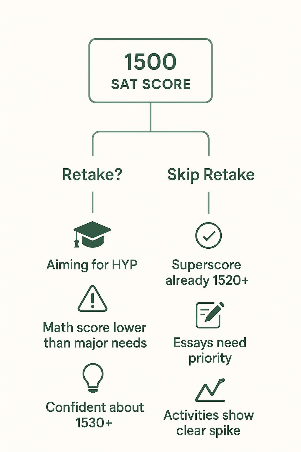 A chart comparing when to retake a 1500 score vs. skipping, based on goals, essays, & activity spike for 2026 admission.