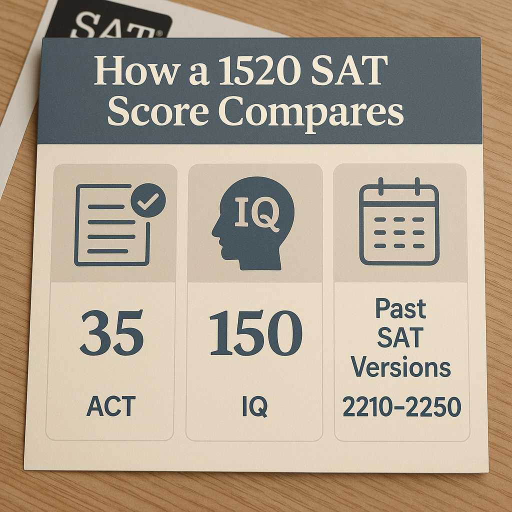 Infographic comparing a 1520 SAT score to a 35 ACT score, an estimated 150 IQ, and equal past SAT ranges around 2210 to 2250.