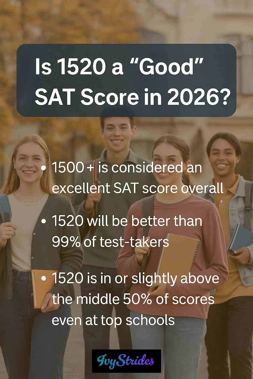 A group of students behind text explaining why a 1520 SAT score is excellent, outperforming 99% of test-takers in 2026.
