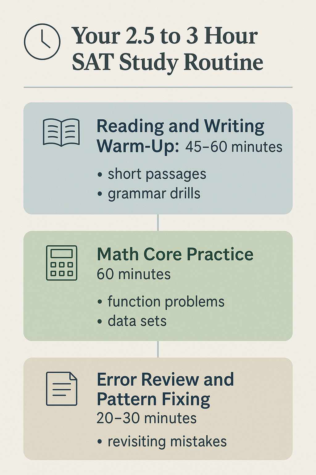 Infographic of a 2.5–3 hour SAT study routine with reading warm-up, math practice, and error review for focused prep.