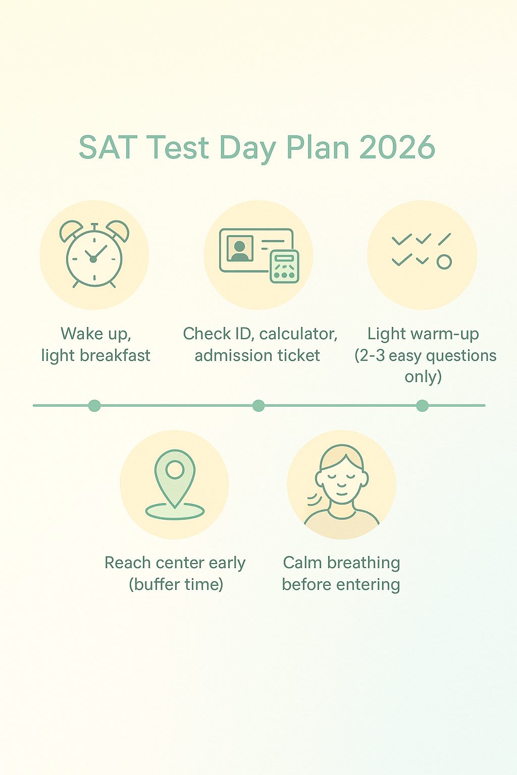 SAT Test Day Plan 2026 graphic with morning prep, ID check, brief warm-up, center arrival, and calming breath before exam.