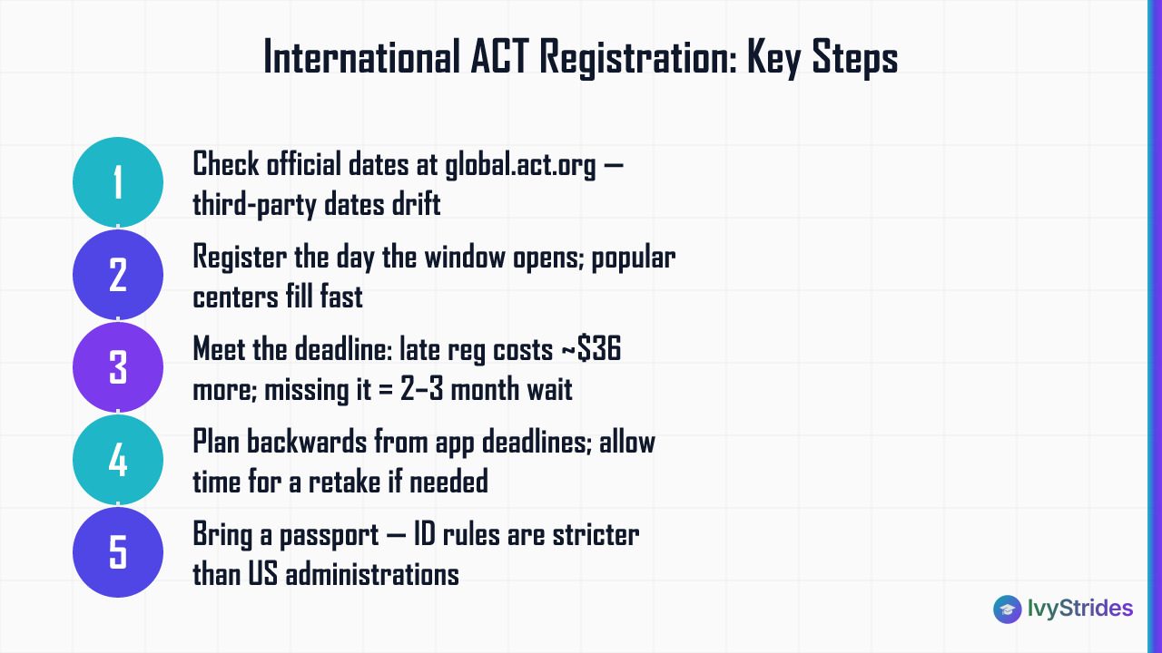 5-step process for international ACT registration covering deadlines, seat availability, score timing, and ID requirements