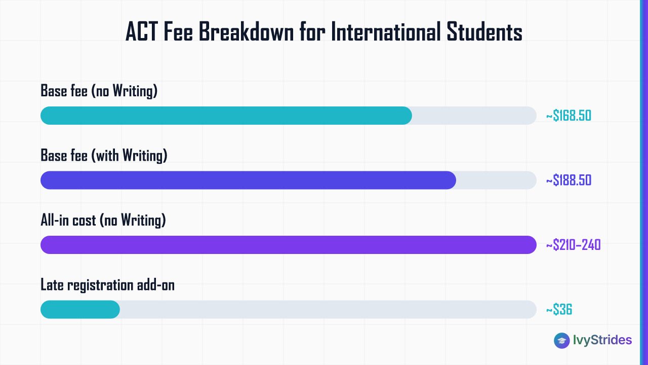 Bar chart showing ACT international student fees: base fee ~$168.50, with Writing ~$188.50, all-in ~$210–240, late fee ~$36