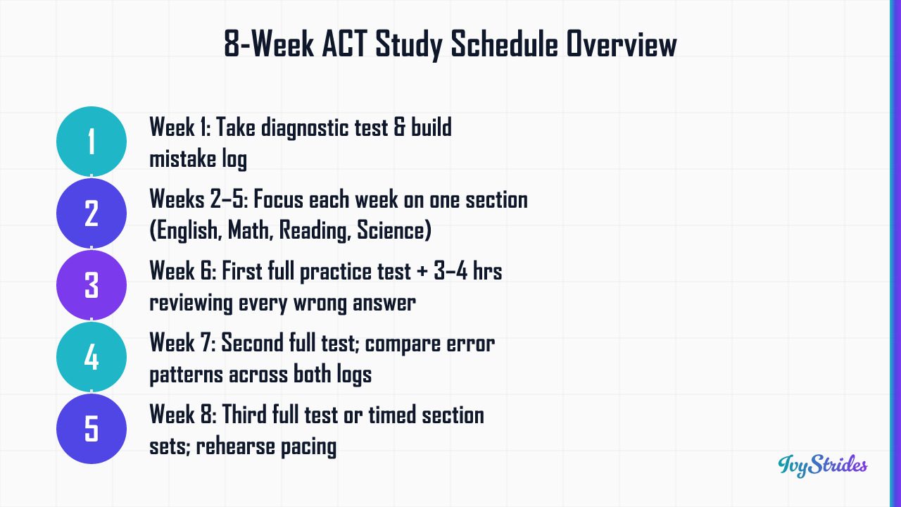 5-step 8-week ACT study schedule from diagnostic and mistake log to full practice tests and pacing rehearsal
