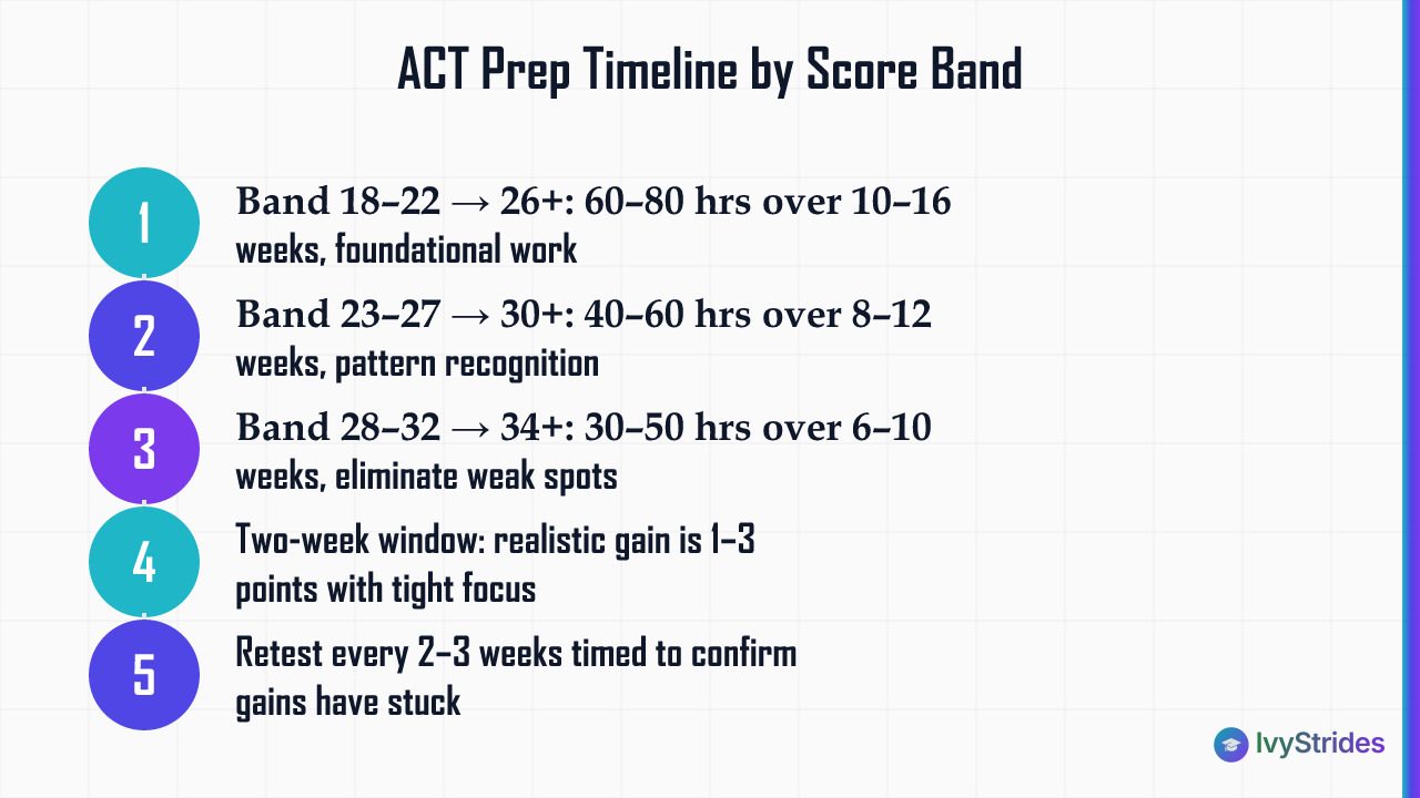 Numbered steps showing ACT prep timelines and hours needed for each score band from 18 to 34+