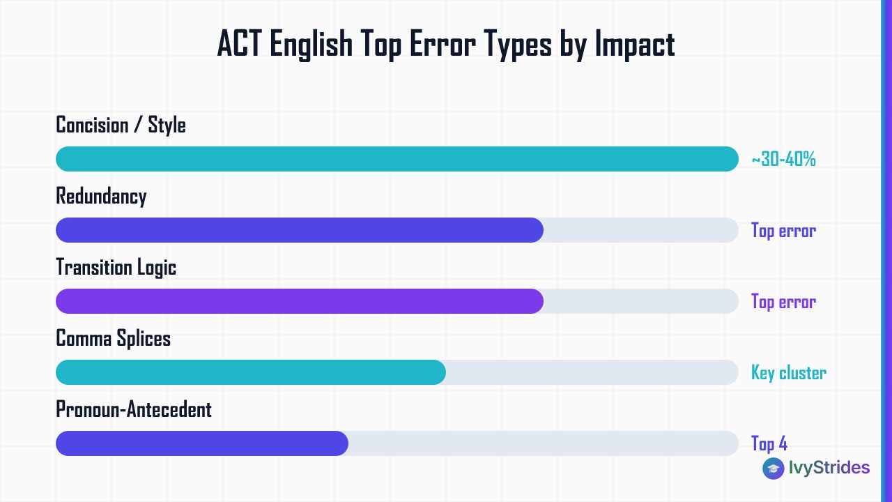 Horizontal bar chart showing ACT English top error types including concision, redundancy, transition logic, comma splices, an