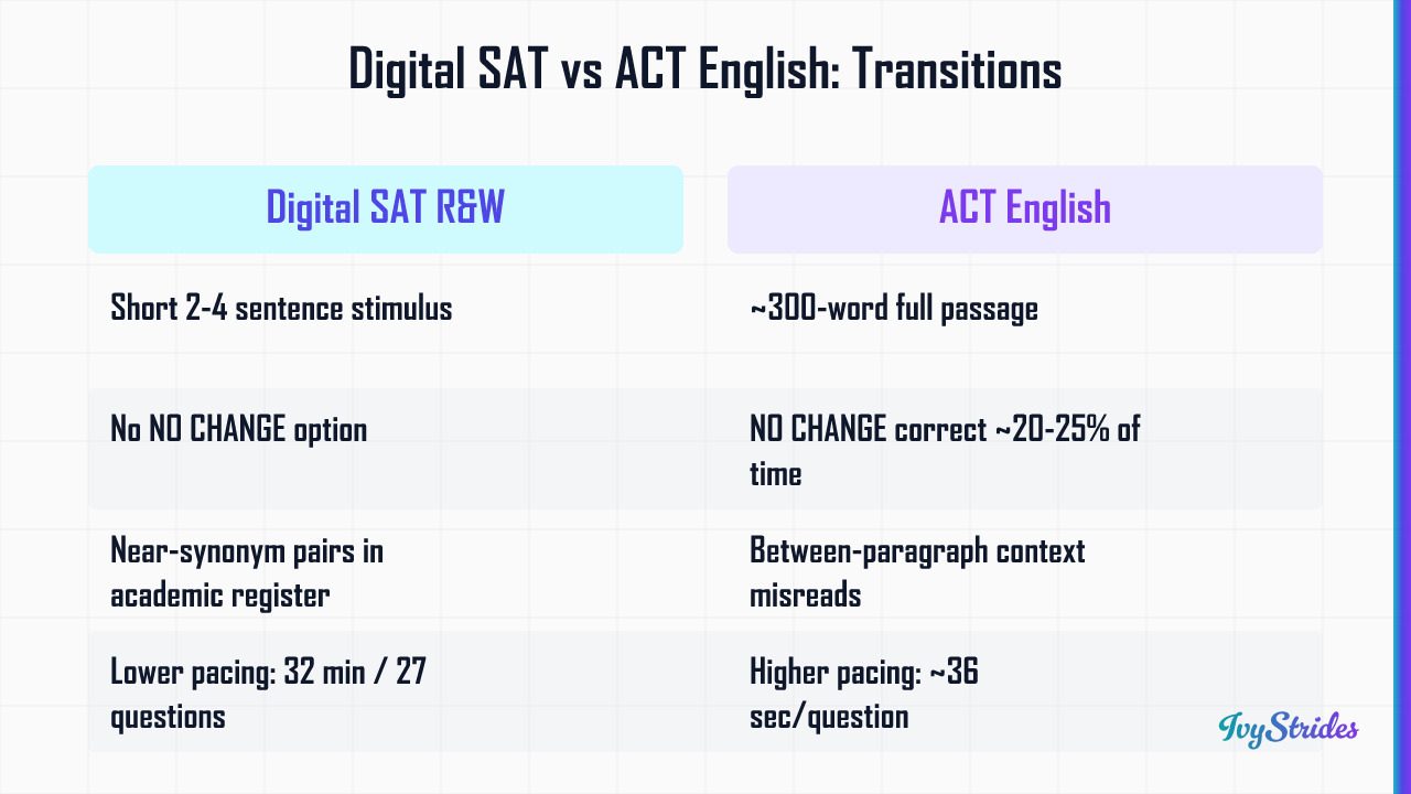 Comparison table of Digital SAT R&W vs ACT English transitions questions covering format, NO CHANGE option, traps, pacing, an