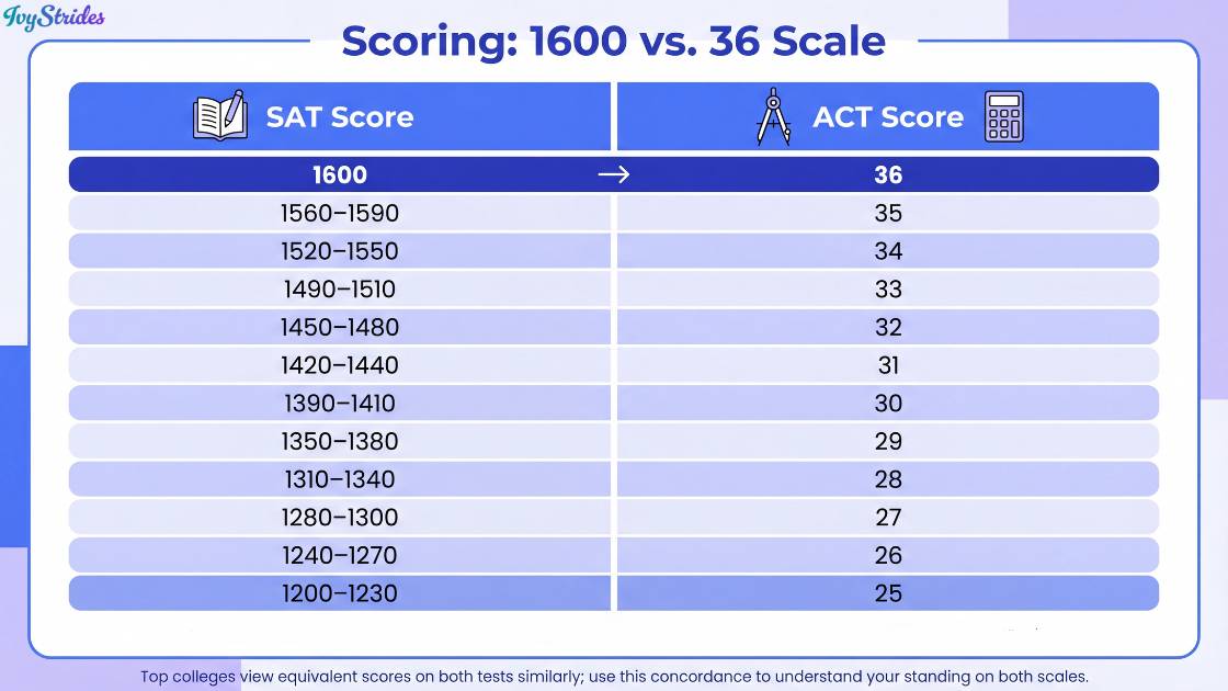 Comparison table of SAT and ACT scores.
