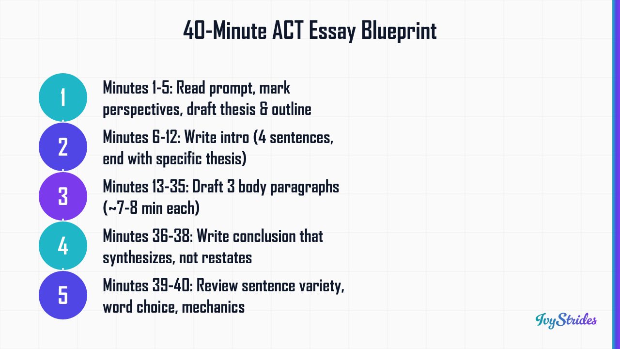 5-step pacing guide for the 40-minute ACT essay, from outlining through drafting to final review