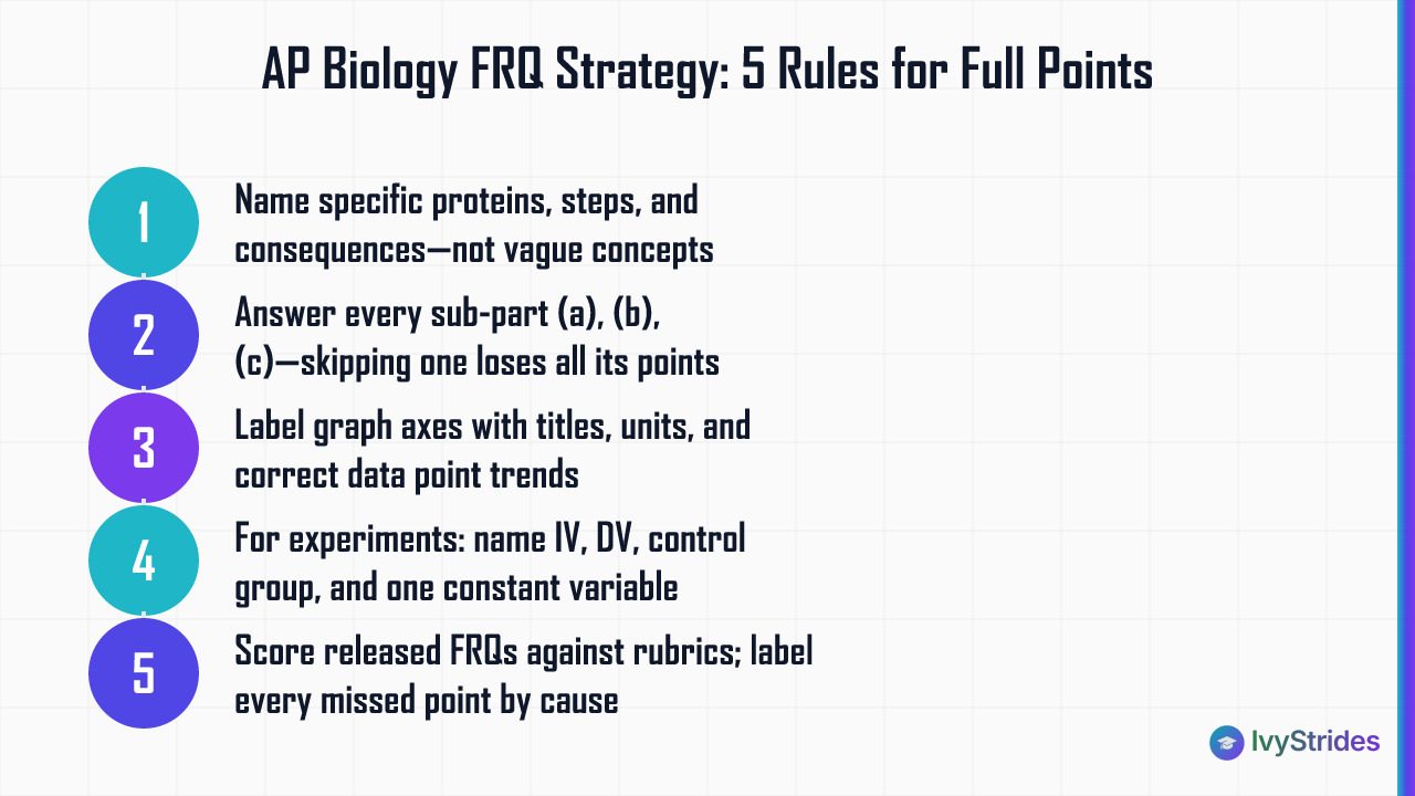 5-step AP Biology FRQ strategy showing rubric discipline rules to earn full points on the 2026 exam