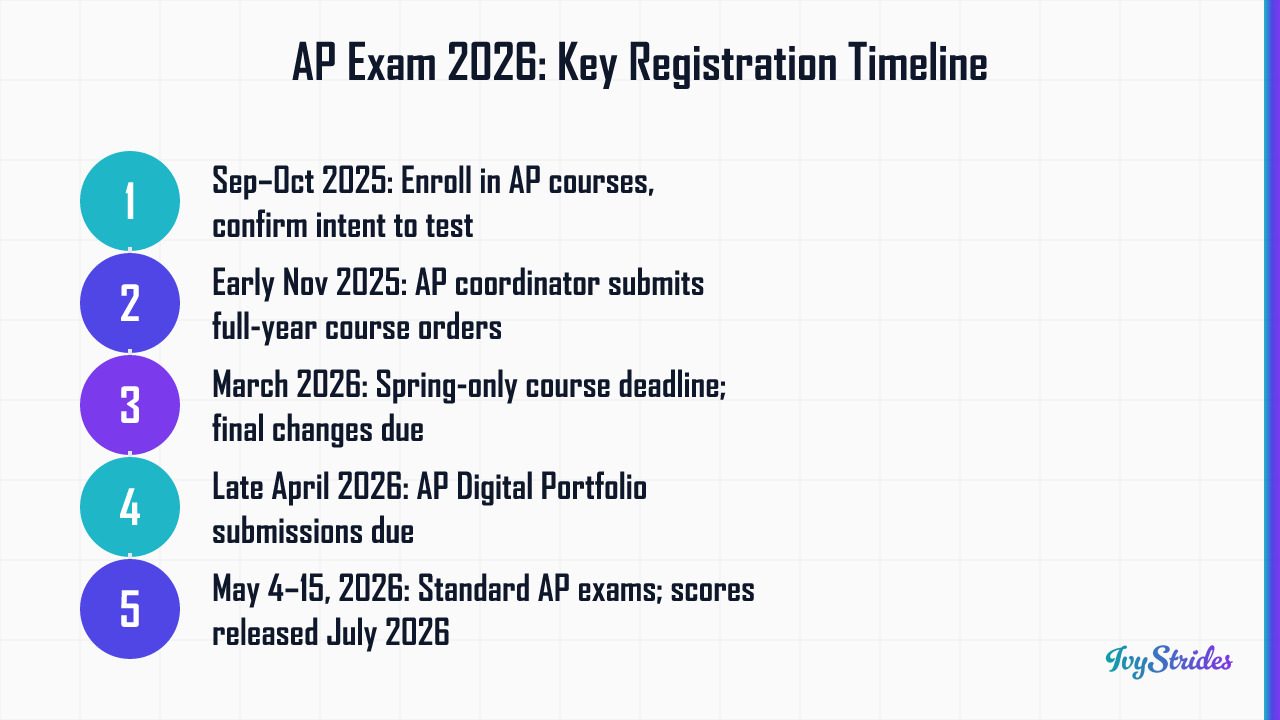 Numbered timeline of AP exam 2026 registration steps from September 2025 enrollment through July 2026 score release