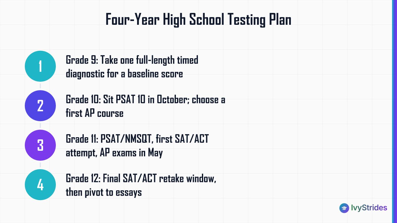 Numbered 4-step high school testing plan from grade 9 diagnostic through grade 12 final retakes and essays