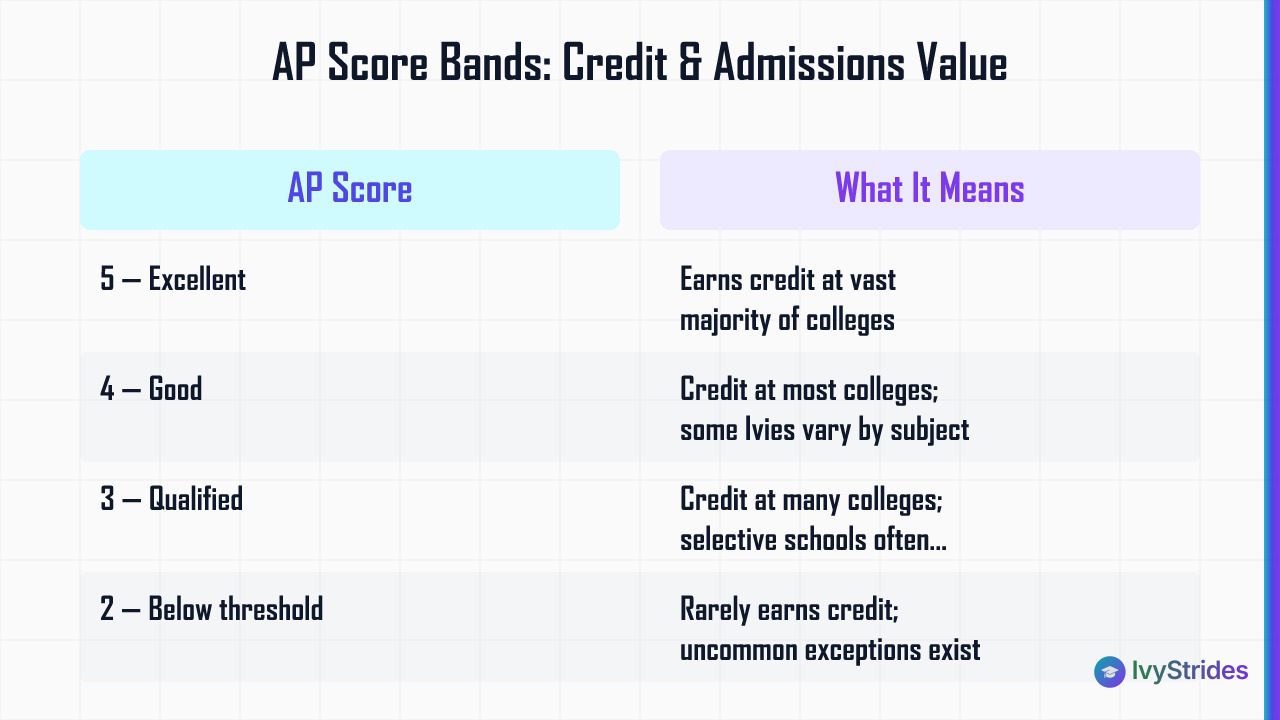 Comparison table showing AP scores 1–5 and what each score means for college credit and admissions value