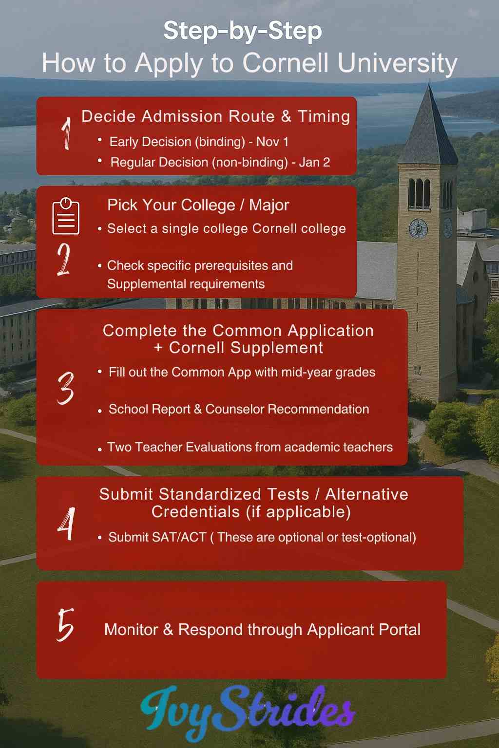 Infographic outlining each step of the Cornell application process along with key deadlines and requirements.