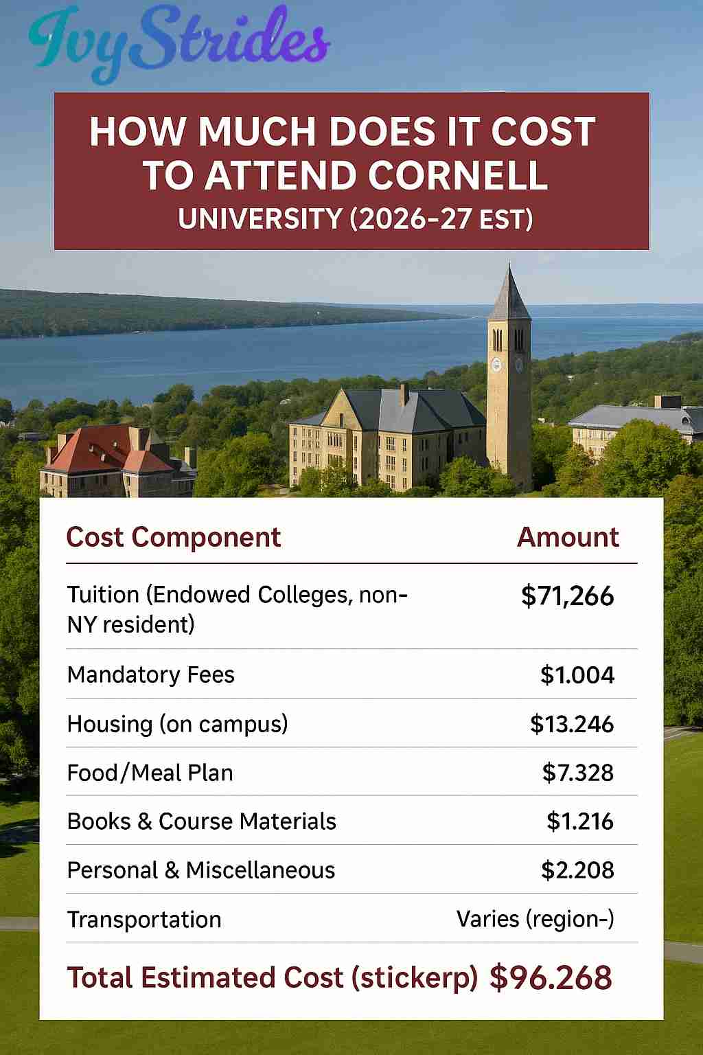 Cost breakdown graphic showing Cornell’s estimated tuition, housing, fees, and total annual expenses in a precise manner.