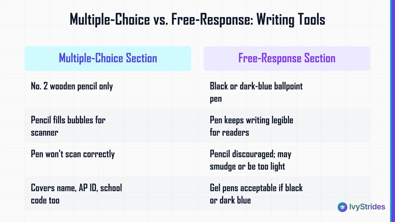 Comparison table showing No. 2 pencil rules for AP multiple-choice vs. black ballpoint pen rules for free-response sections