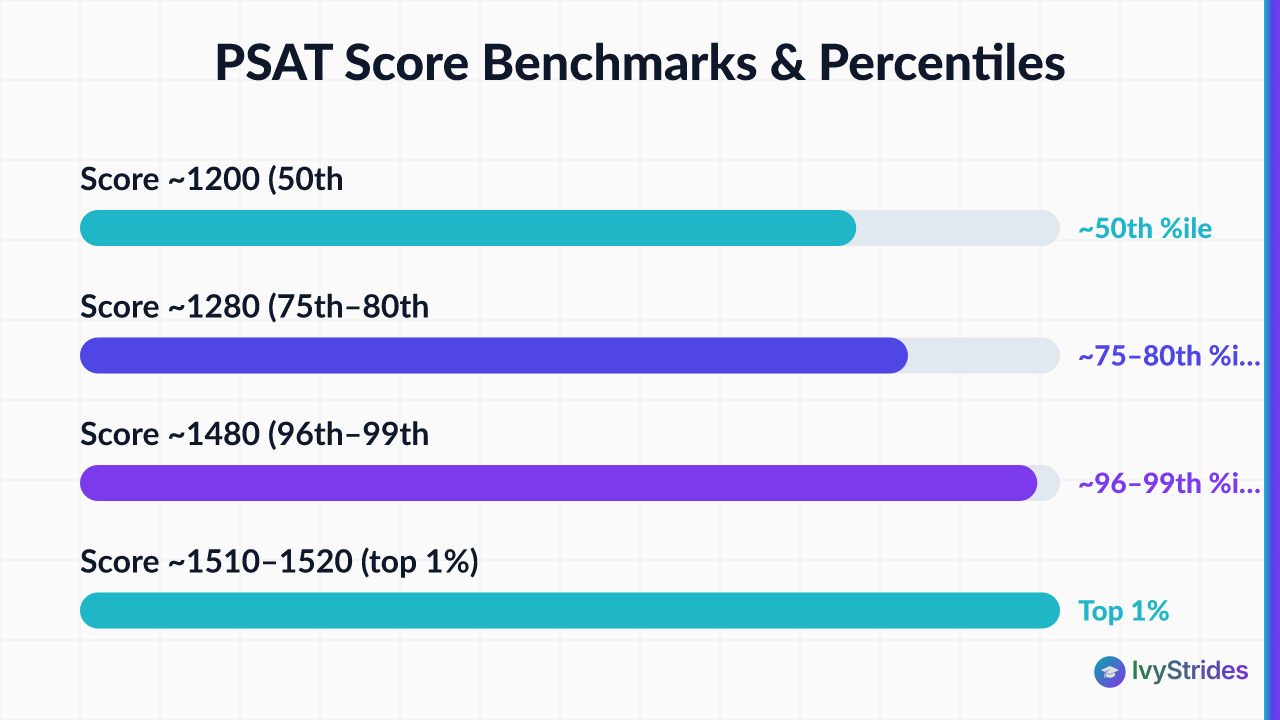 Horizontal bar chart showing PSAT score benchmarks from 1200 at 50th percentile to 1520 at top 1% nationally