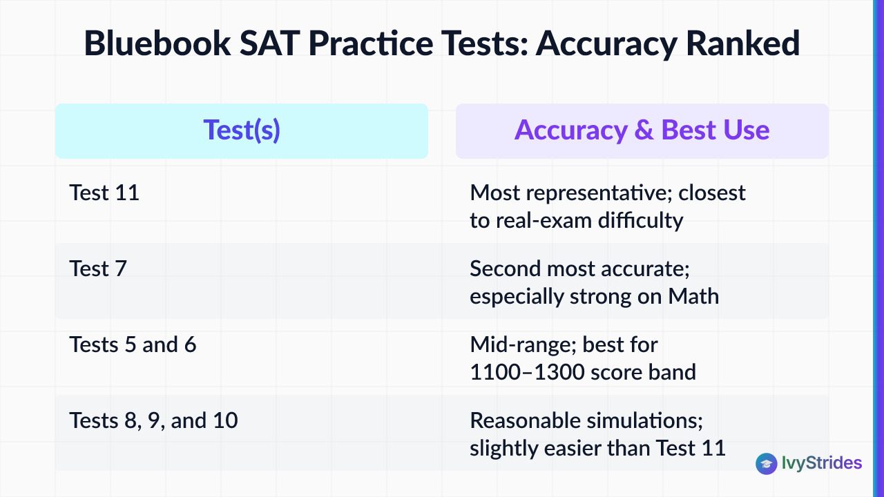 Comparison table ranking Bluebook SAT practice tests by accuracy and recommended prep stage in 2026