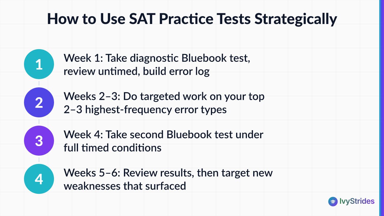 4-step SAT practice test strategy cycle showing diagnostic, targeted review, timed simulation, and repeat