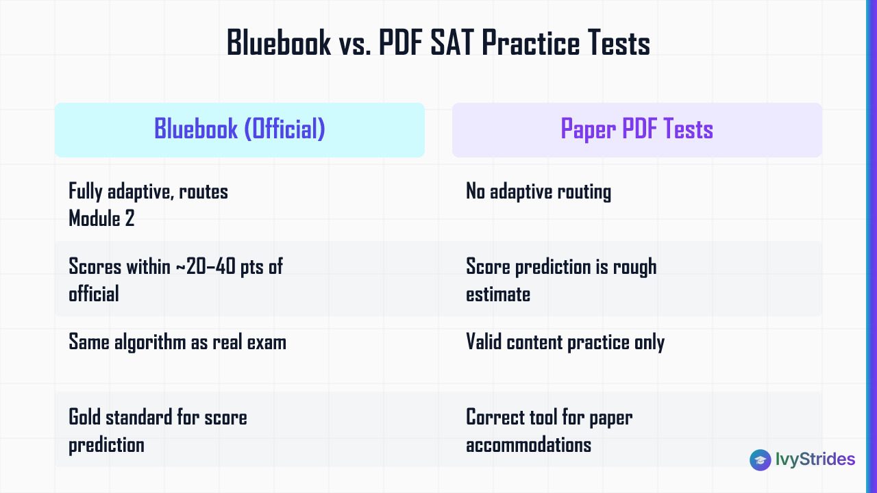 Comparison table of Bluebook vs paper PDF SAT practice tests covering adaptive routing, score accuracy, and best use cases