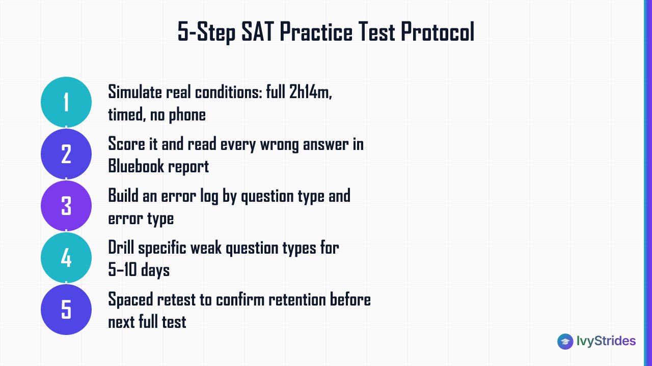 5-step SAT practice test protocol from IvyStrides: simulate, score, log errors, drill weaknesses, retest