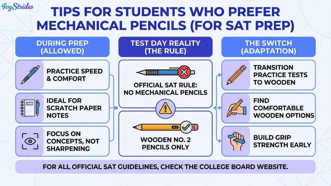 Infographic with tips for students switching from mechanical to wooden pencils for SAT prep.