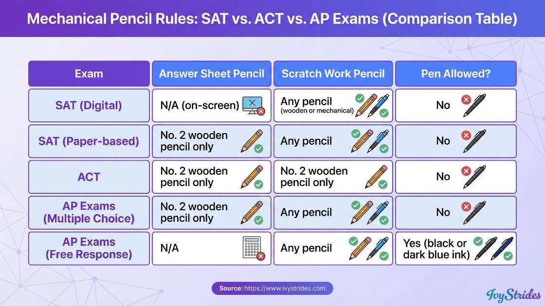 Comparison table of mechanical pencil rules for SAT, ACT, and AP exams.