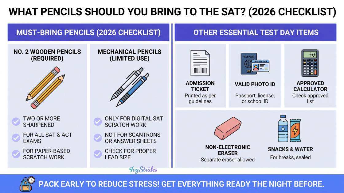 Checklist of must-bring pencils and items for the SAT 2026.