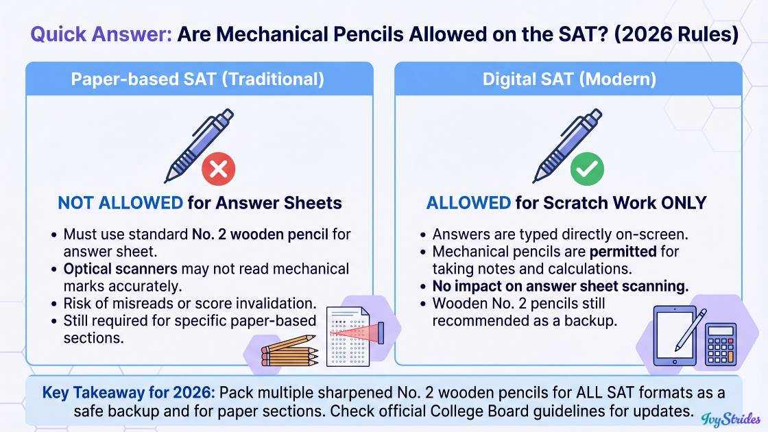 Infographic summarizing mechanical pencil rules for the SAT.