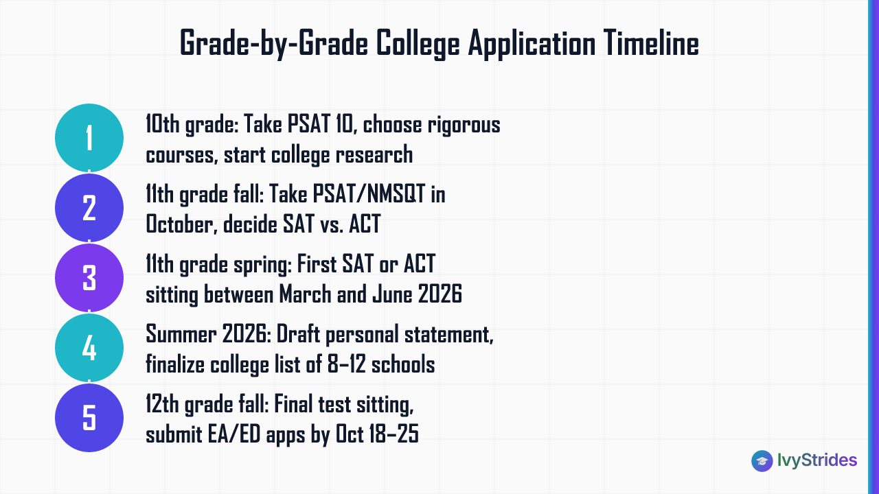 5-step grade-by-grade college application prep timeline from 10th grade through 12th grade fall 2026