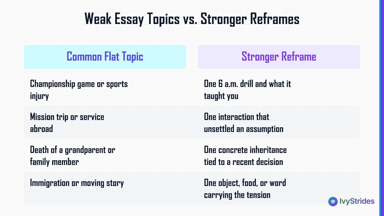 Comparison table of 5 overused college essay topics versus specific reframes that make each topic stronger