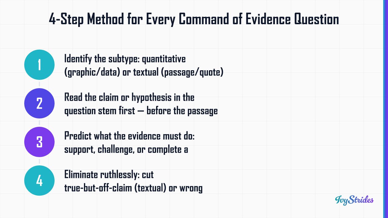 4-step method diagram for answering Digital SAT command of evidence questions, starting with subtype identification