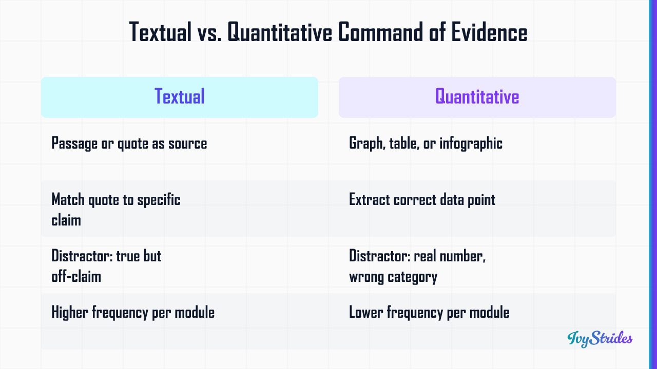 Comparison table showing differences between textual and quantitative command of evidence question types on the Digital SAT