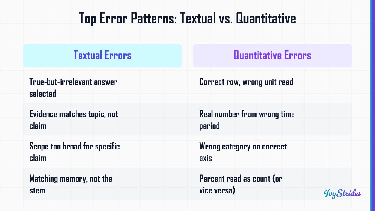 Side-by-side table of the most common error patterns on textual versus quantitative SAT command of evidence questions