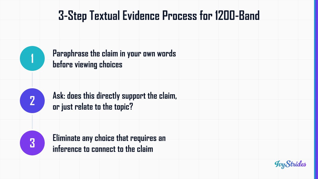 Three-step Command of Evidence process for SAT 1200-band students: paraphrase, test direct support, eliminate inferences